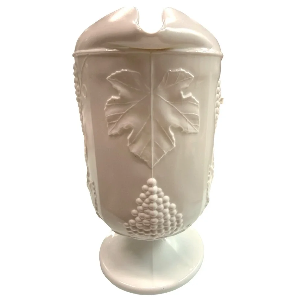 Vintage White‎ Milk Glass Grape Harvest Pedestal Pitcher Vase Planter 9